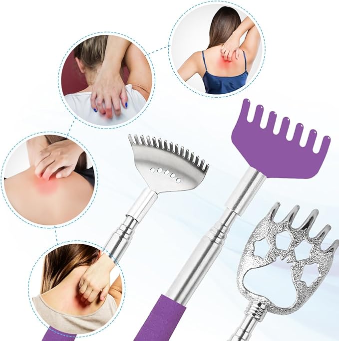 3 Pack Different Back Scratcher Metal Portable Telescoping Back scratchers with Rubber Handles, Extendable Back Massager Tool with Beautiful Box Stocking Stuffers for Men Women（Purple）