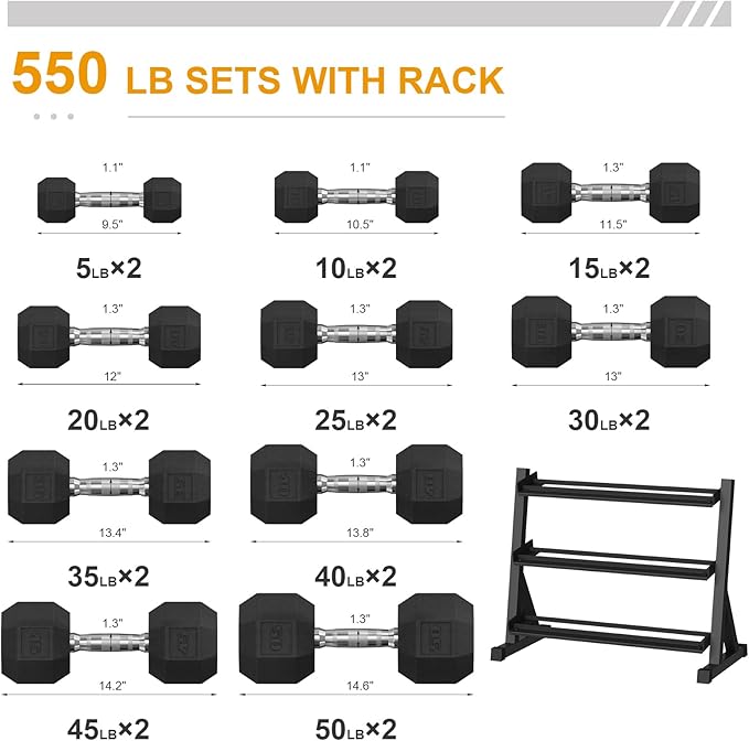 Premium Rubber Coated Hex Dumbbell Weight Set,Multiple Sizes Exercise & Fitness Dumbbells,Multiple Packages,210LB/350LB/450LB/550LB for Muscle Toning, Strength Building & Full Body Workout