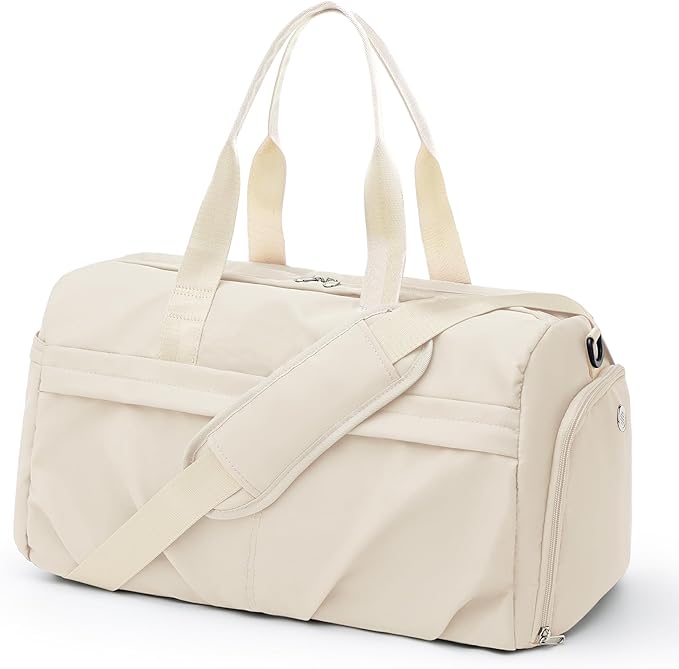 Gym Bag for Women Men with Shoe Compartment, Sport Duffel Bag, Waterproof Travel Weekender Overnight Carry on Bag for Yoga with Trolley Sleeve, Beige