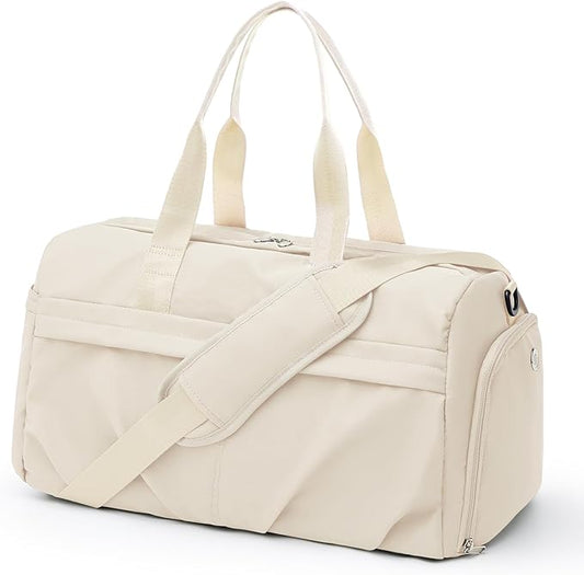 Gym Bag for Women Men with Shoe Compartment, Sport Duffel Bag, Waterproof Travel Weekender Overnight Carry on Bag for Yoga with Trolley Sleeve, Beige