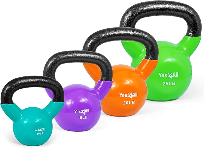 Yes4All Kettlebell, Vinyl Coated Kettlebell Cast Iron Sets with Stable Flat Bottom for Full Body Workout, Push up, Grip Strength Training & Weights Exercises