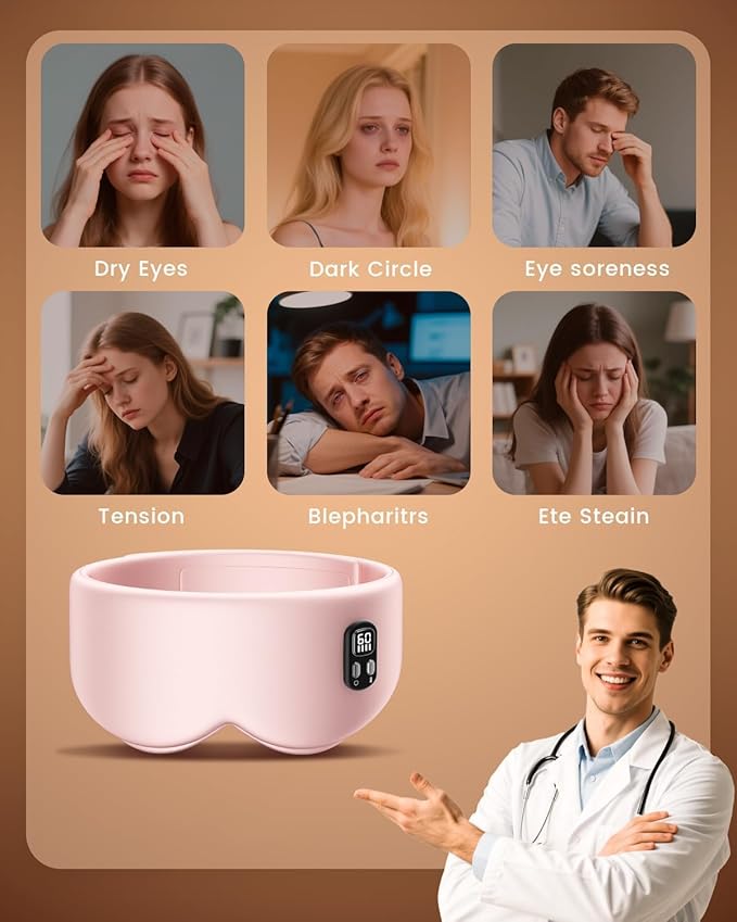 Heated Eye Mask - Cordless Eye Mask for Dry Eyes, Eye Relief, Improved Sleep, Timed Shutdown, 4 Temperature, Washable Eye Heating Pad for Travel, Removable for Cleaning - Pink