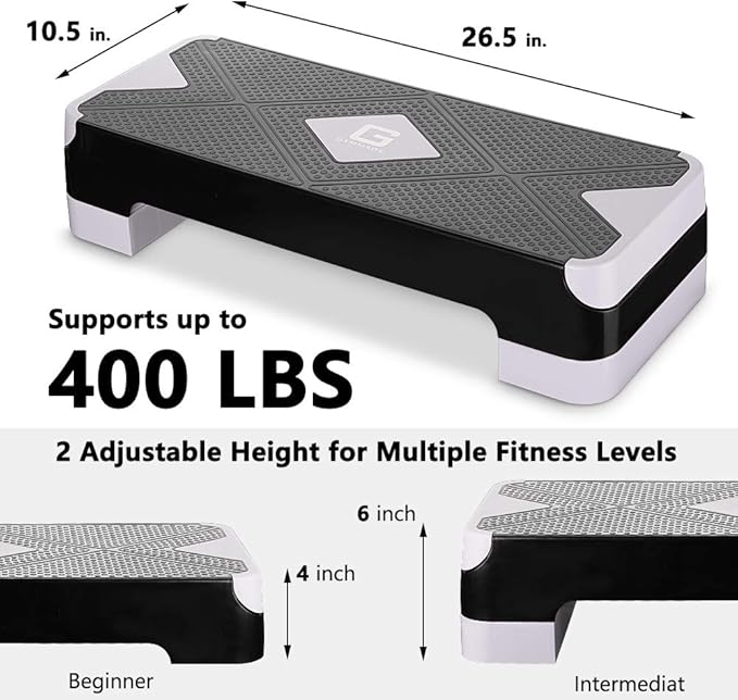 Adjustable Workout Aerobic Stepper, Aerobic Exercise Step Platform with 2 Risers, Exercise Step Deck for Fitness, 26.5" Trainer Stepper with Non-Slip Surface Home Gym & Extra Risers Options