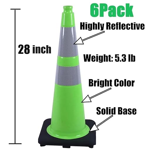 BESEA 6Pack 28" inch Traffic Cones Green Safety Cones with 6 inch Reflective Collar for Home Driveway Road Parking Use(6 Cones)