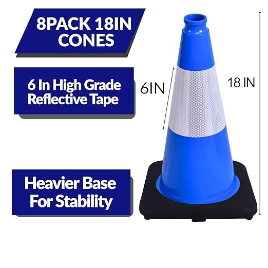BESEA 8Pack 18 Inch Blue Traffic Cones with 6 Inch Reflective Collar, Heavy Duty PVC Safety Cones with 10.5 x 10.5 Inch Base for Parking, Driving Practice, Sports Training, and Construction