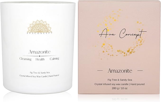 Crystal Candles Scented - Fig Tree Sandy Sea Aromatherapy Candle with Amazonite for Women - Soy Candles for Meditation Home Decor - 10 oz
