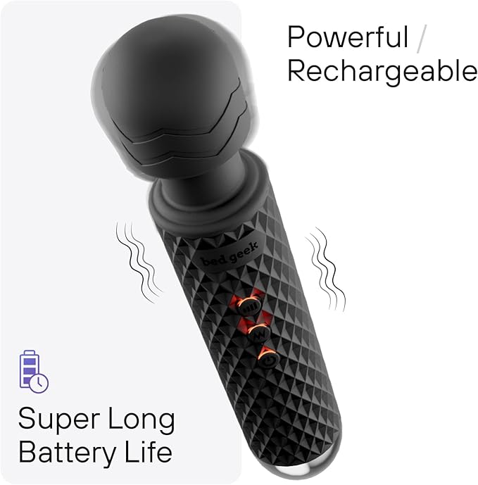 bed geek Handheld Cordless Personal Wand Massager – Waterproof, USB Rechargeable, 20 Vibration Patterns, 8 Speeds, Memory Feature, Skin-Soft Silicone for Ultimate Relaxation Tool (Black)