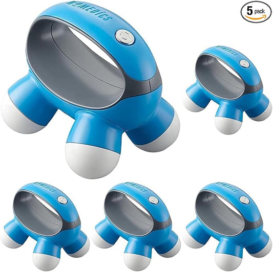 Homedics, Quatro Mini Hand-Held Massager with Hand Grip, Battery Operated Vibration Massage, 4 Massage Nodes, Powered by 2 AAA Batteries (Included), Assorted Colors (Pack of 5)
