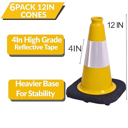 BESEA 6Pack 12 Inch Yellow Traffic Cones with 4 Inch Reflective Collar, Heavy Duty PVC Safety Cones with 8.5 x 8.5 Inch Base for Parking, Driving Practice, Sports Training, and Construction