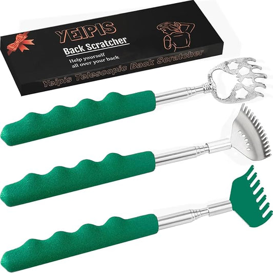 3 Pack Different Back Scratcher Metal Portable Telescoping Back scratchers with Rubber Handles, Extendable Back Massager Tool with Beautiful Box Great Stocking Stuffers（Green）