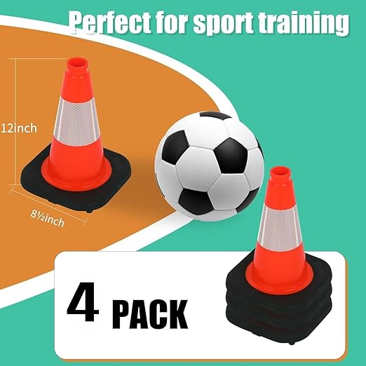 BESEA 4 Pack 12 Inch Red Traffic Cones with 4 Inch Reflective Collar, Heavy Duty PVC Safety Cones with 8.5 x 8.5 Inch Base for Parking, Driving Practice, Sports Training, and Construction