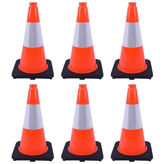 6 Pack 18" Orange PVC Traffic Safety Cones with Reflective Stripes, Black Base Road Cones for Parking Lots, Driveways, School Zones, and Event Crowd Control (Orange, 18 inch -6 Pack)