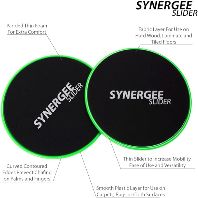 Synergee Core Sliders. Dual Sided Use on Carpet or Hardwood Floors. Abdominal Exercise Equipment