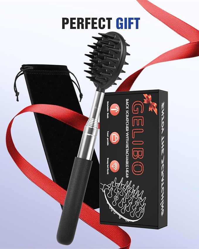 Gelibo Large Telescoping Back Scratcher with 5Pcs Detachable Heads, Birthday Christmas Gifts for Mens Gifts,Husband, Women, Extendable Back Massager Tool with Beautiful Box - Black