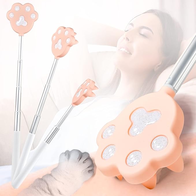 Portable Extendable Back Scratcher for Men and Women, 9 to 27 inches Long Telescoping Handle, Cute Cat Claw Head, Manual Head Neck Foot Back Scratcher (Pink)