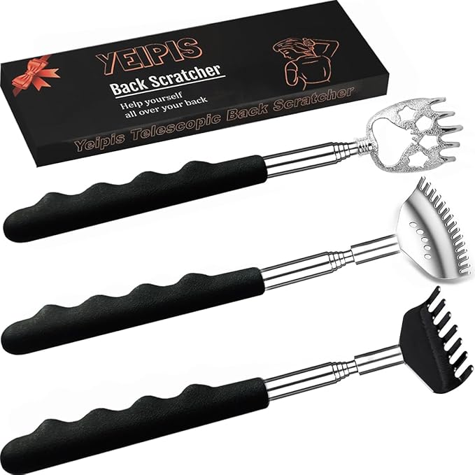3 Pack Different Back Scratcher Metal Portable Telescoping with Rubber Handles, Extendable Back Massager Tool with Beautiful Box, Stocking Stuffers for Men Women Christmas Presents(Black)