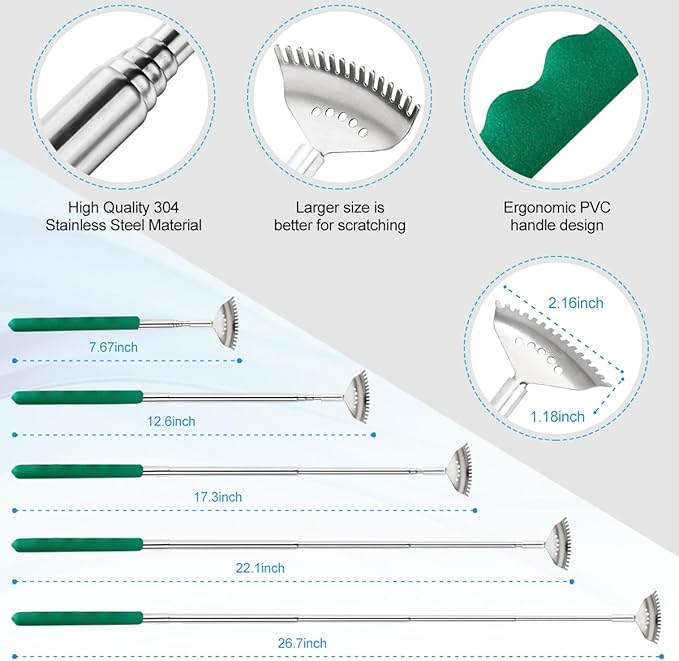 3 Pack Different Back Scratcher Metal Portable Telescoping Back scratchers with Rubber Handles, Extendable Back Massager Tool with Beautiful Box Great Stocking Stuffers（Green）