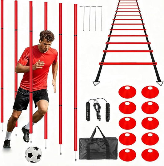 Soccer Agility Training Equipment, 6 Adjustable Soccer Training Agility Poles, 1 Speed Agility Ladder,10 Soccer Agility Cones for Training, 1 Jump Rope + Storage Bag for Youth Soccer Drills