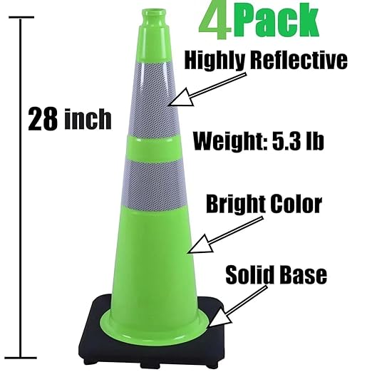 BESEA 4PCS 28" inch Traffic Cones Green Safety Cones with 6 inch & 4inch Reflective Collar for Construction Driveway Road Parking Stopper