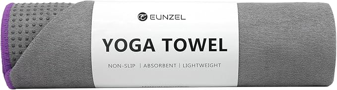 Eunzel Hot Yoga Towel - Microfiber Non Slip Yoga Mat Towel with Grip Dot Sweat Absorbent Towel for Hot Yoga, Pilates and Fitness 72" x 24", Dark Grey/Purple