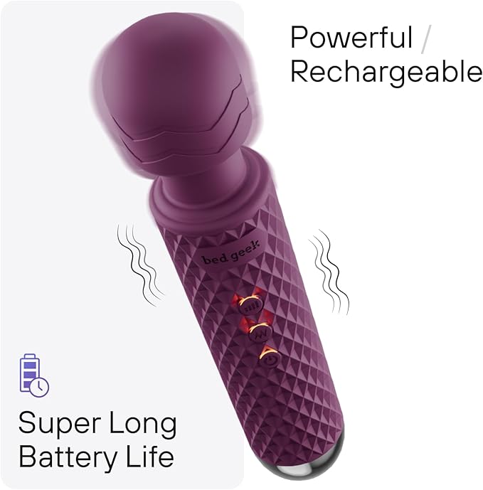 bed geek Handheld Cordless Personal Wand Massager – Waterproof, USB Rechargeable, 20 Vibration Patterns, 8 Speeds, Memory Feature, Skin-Soft Silicone for Ultimate Relaxation Tool (Purple)