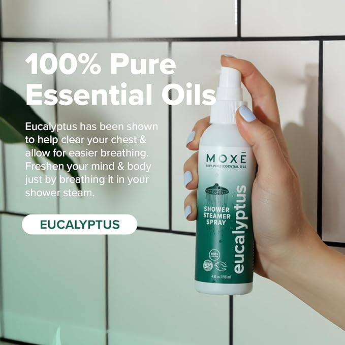 MOXE Shower Mist, Spa Steam Spray, Certified Natural Essential Oils, Aromatherapy, Calming Relief (Lavander and Eucalyptus, 4 Fl Oz (Pack of 2))