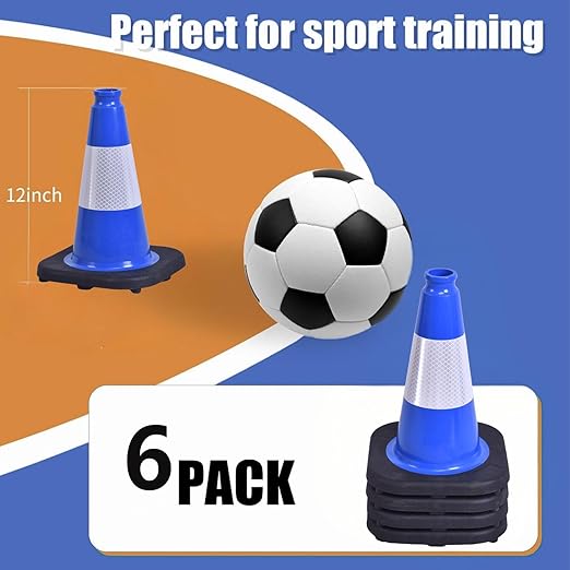BESEA 6Pack 12 Inch Blue Traffic Cones with 4 Inch Reflective Collar, Heavy Duty PVC Safety Cones with 8.5 x 8.5 Inch Base for Parking, Driving Practice, Sports Training, and Construction