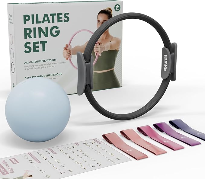 PAETA Pilates Ring Set – 14” Magic Circle (38 lbs Resistance), 9.8” Pilates Ball, 5 Resistance Bands, and Exercise Guide Included for Home Workouts
