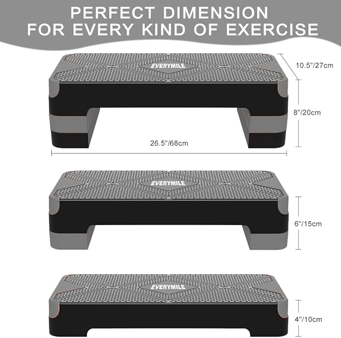 EVERYMILE Aerobic Exercise Step, Adjustable Aerobic Stepper for Exercise, Workout Step Platform, Step Up Box, 26.5" Step Deck with 4” 6” 8” Adjustable Height Risers, Women Home Gym Fitness