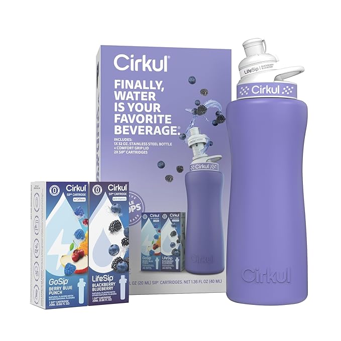 Cirkul 32oz. Matte Periwinkle Stainless Steel Water Bottle Starter Kit with Purple Lid, 2 Flavor Cartridges (1 LifeSip Blackberry Blueberry, 1 GoSip Berry Blue Punch) No Sugar, Zero Calorie Drink Mix