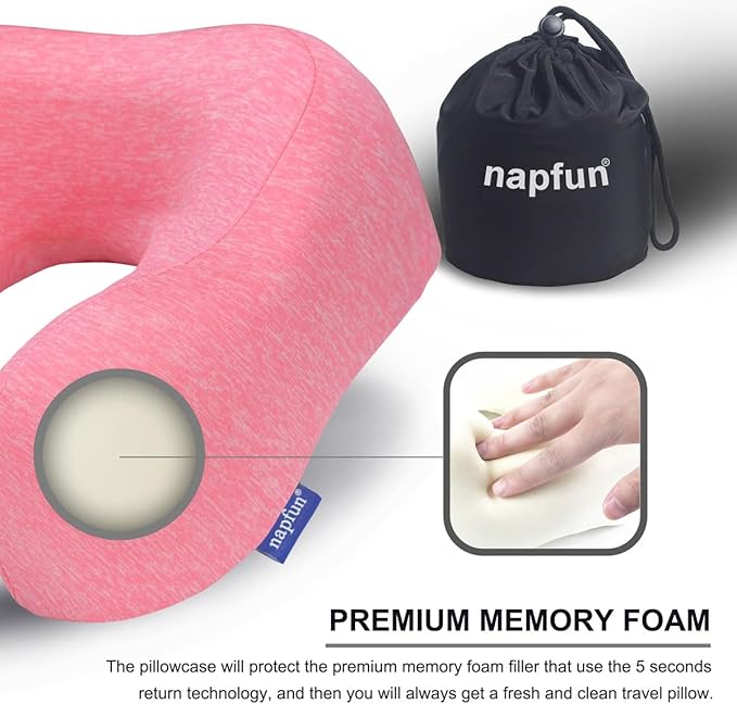 napfun Neck Pillow for Traveling, Upgraded Travel Neck Pillow for Airplane 100% Pure Memory Foam Travel Pillow for Flight Headrest Sleep, Portable Plane Accessories, Rose
