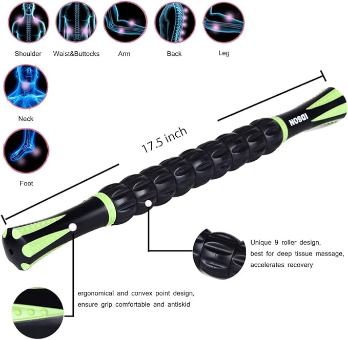 Idson Muscle Roller Stick for Athletes- Body Massage Sticks Tools Massager for Relief Muscle Soreness,Cramping and Tightness,Help Legs and Back Recovery,Black Green