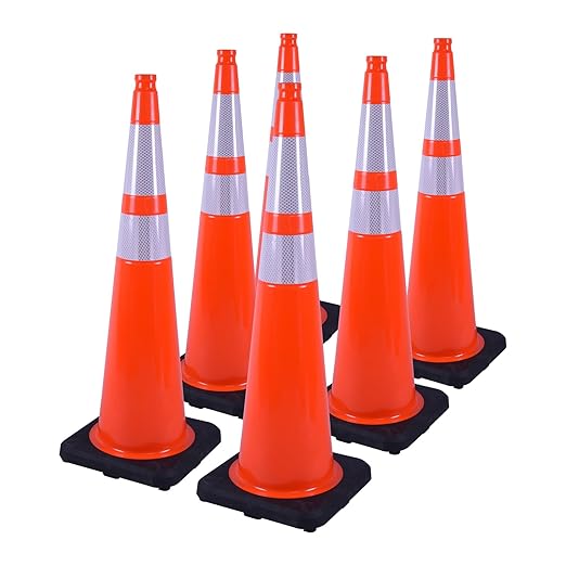 6 Pack 36" Orange Traffic Safety Cones with Reflective Collars- Durable PVC Cones with Weighted Black Base for Driveways, Work Zones & Event Control