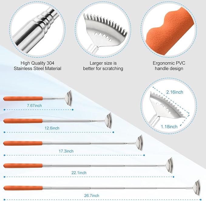 3 Pack Different Back Scratcher,Metal Portable Telescoping Back scratchers with Beautiful Box Great Stocking Stuffers for Men Women Kids Adults（Orange）