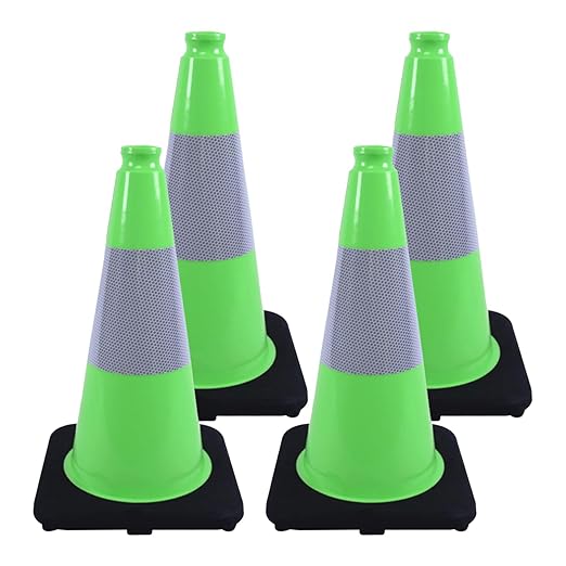 BESEA 18 Inch Fluorescent Green Traffic Cones with 6" Reflective Collar, High Visibility Safety Cones for Road, Parking, Construction, Sports Training (4 Pack)