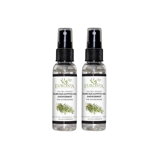 EuroSpa Aromatics Pure Eucalyptus Oil ShowerMist and Steam Room Spray, All-Natural Premium Aromatherapy Essential Oils - Tea Tree Infused, 2oz, 2 Pack