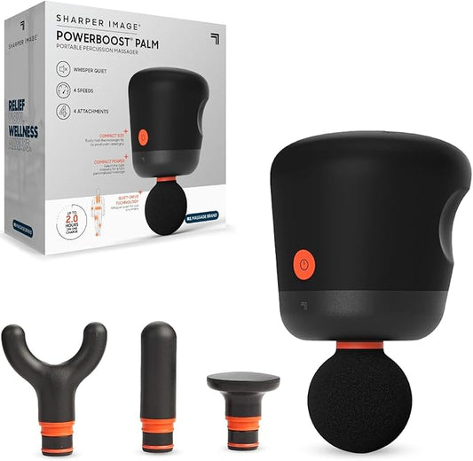 Sharper Image® Powerboost Palm Mini Massage Gun – 4 Attachments & 4 Speeds| Compact Deep Tissue Massager Gun| Workout Recovery Massage Tool| Full Body Back Muscle Soreness Pain Relief Gift
