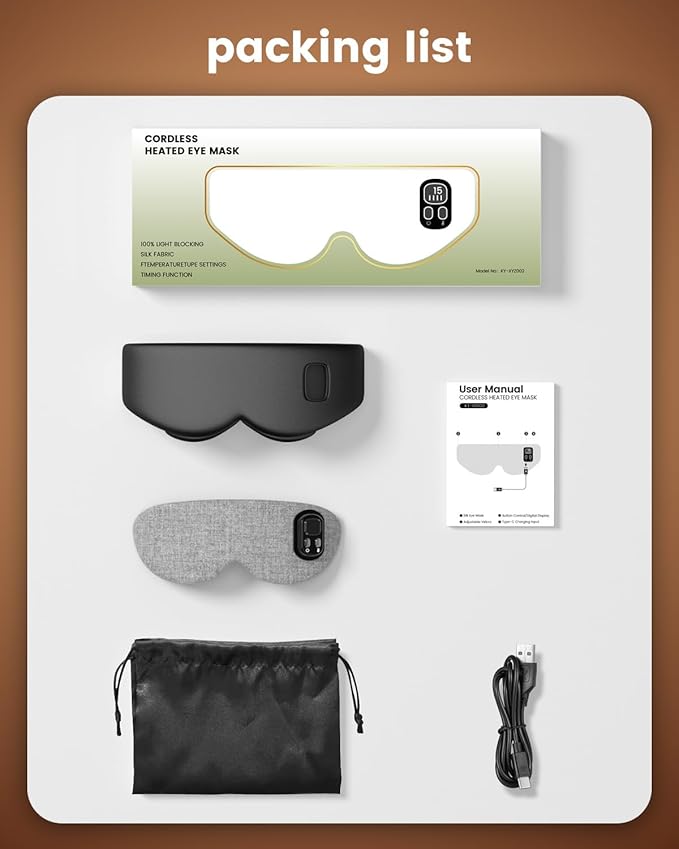 Heated Eye Mask - Cordless Eye Mask for Dry Eyes, Eye Relief, Improved Sleep, Timed Shutdown, 4 Temperature, Washable Eye Heating Pad for Travel, Removable for Cleaning - Black