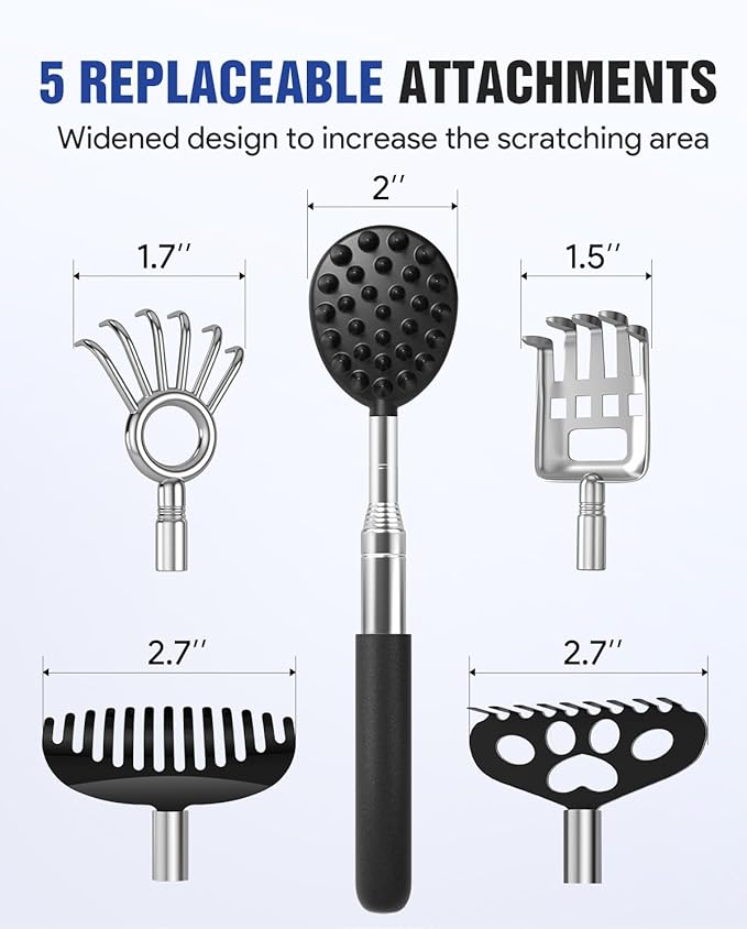 Gelibo Telescoping Back Scratcher with 5Pcs Detachable Heads,Stocking Stuffers for Men Birthday Christmas White Elephant Gifts for Adults, Mens Gifts, Extendable Back Massager Tool with Beautiful Box