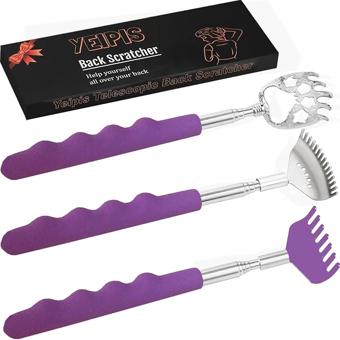 3 Pack Different Back Scratcher Metal Portable Telescoping Back scratchers with Rubber Handles, Extendable Back Massager Tool with Beautiful Box Stocking Stuffers for Men Women（Purple）