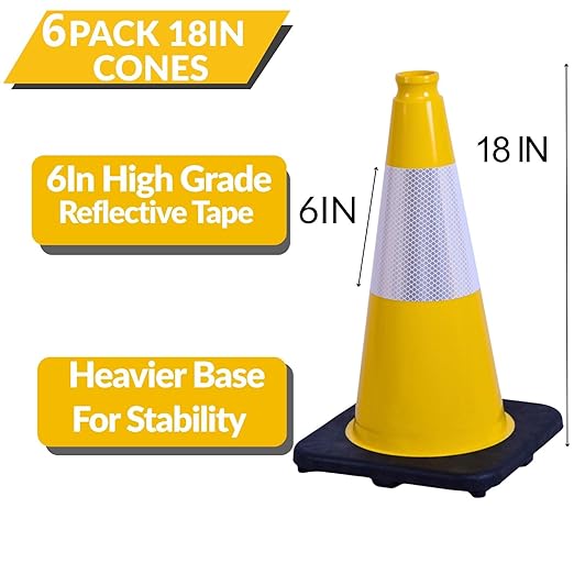 BESEA 6Pack 18 Inch Yellow Traffic Cones with 6 Inch Reflective Collar, Heavy Duty PVC Safety Cones with 10.5 x 10.5 Inch Base for Parking, Driving Practice, Sports Training, and Construction