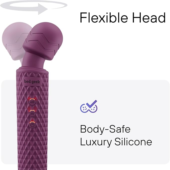 bed geek Handheld Cordless Personal Wand Massager – Waterproof, USB Rechargeable, 20 Vibration Patterns, 8 Speeds, Memory Feature, Skin-Soft Silicone for Ultimate Relaxation Tool (Purple)
