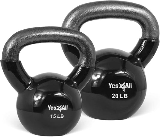 Yes4All Kettlebell, Vinyl Coated Kettlebell Cast Iron Sets with Stable Flat Bottom for Full Body Workout, Push up, Grip Strength Training & Weights Exercises