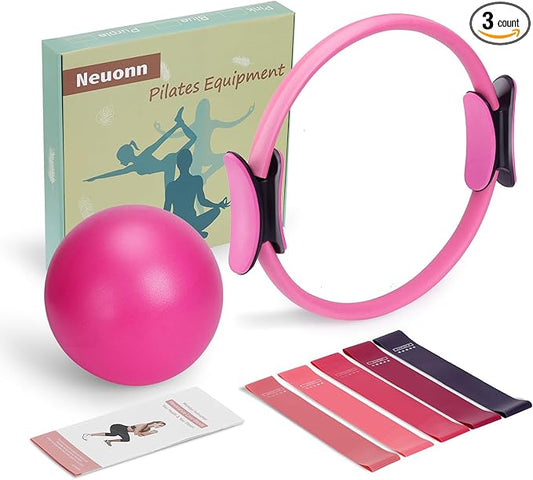 Pilates Ring Set for Home Workout, Pilates Essentials Kit for Women, [12'' Fitness Circle, Pilates Balls, Resistance Bands] Starter Set for Yoga, Exercise, Toning and Flexibility