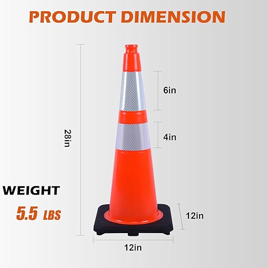 6 Pack 28" Orange PVC Road Traffic Cones with Reflective Bands, Heavy Duty Black Base Safety Cones for Construction Sites, Street Work, and Vehicle Guidance (Orange, 28 inch -6 Pack)