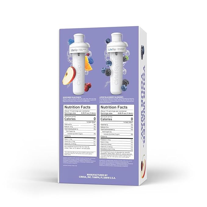 Cirkul 32oz. Matte Periwinkle Stainless Steel Water Bottle Starter Kit with Purple Lid, 2 Flavor Cartridges (1 LifeSip Blackberry Blueberry, 1 GoSip Berry Blue Punch) No Sugar, Zero Calorie Drink Mix
