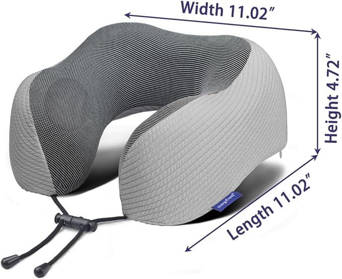 napfun Neck Pillow for Traveling, Upgraded Travel Neck Pillow for Airplane 100% Pure Memory Foam Travel Pillow for Flight Headrest Sleep, Portable Plane Accessories, Striped Light Grey Set