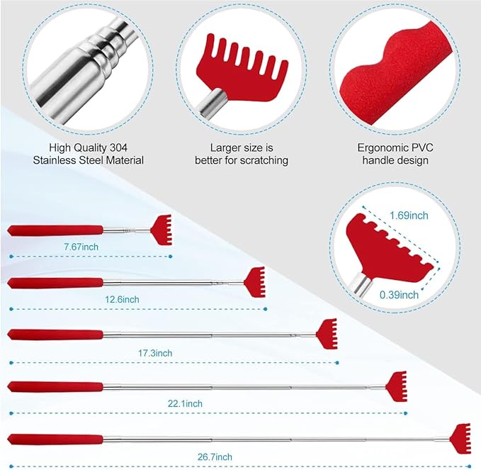 3 Pack Different Back Scratcher Metal Portable Telescoping Back scratchers with Rubber Handles, Extendable Back Massager Tool with Box, Stocking Stuffers for Men Women Kids Adults（Red）