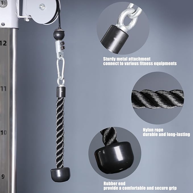 Tricep Rope 27 & 36 inches 2 Colors Fitness Attachment Cable Machine Pulldown Heavy Duty Coated Nylon Rope with Solid Rubber Ends