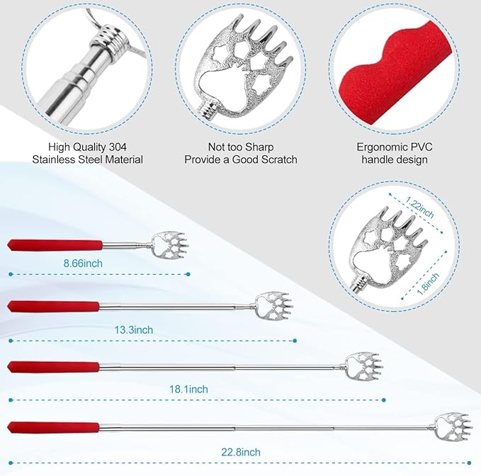 3 Pack Different Back Scratcher Metal Portable Telescoping Back scratchers with Rubber Handles, Extendable Back Massager Tool with Box, Stocking Stuffers for Men Women Kids Adults（Red）